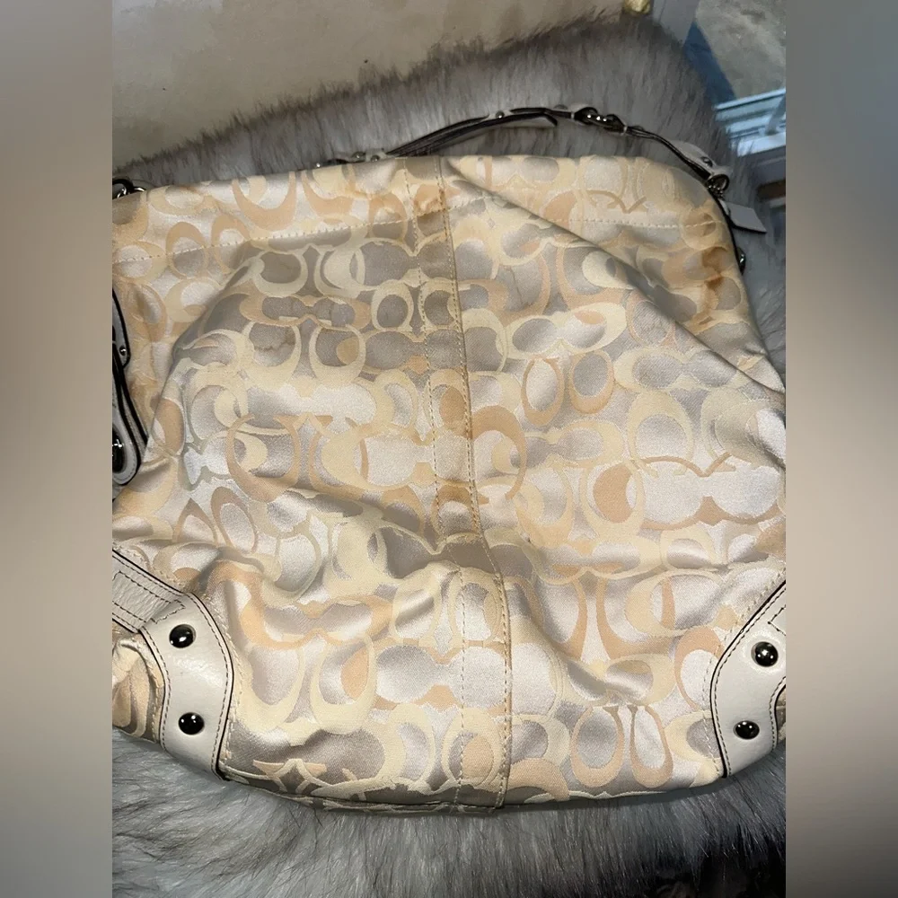 COACH Pearl White + Beige Canvas and Leather Carly Hobo Bag No H09873-F13981 - Picture 5 of 16